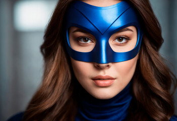 A determined superheroine stands poised in her vibrant blue outfit and mask.