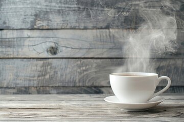 Cup of tea with steam on wooden table