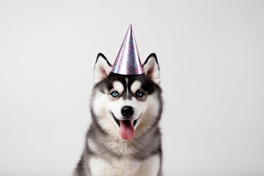 Happy Birthday party concept. Funny cute puppy dog border collie wearing birthday silly hat and eyeglasses isolated on white background. Pet dog on Birthday day and copy space - generative ai