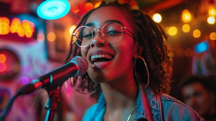 Woman Singing Into Microphone Before Audience - obrazy, fototapety, plakaty
