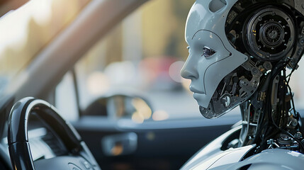 Fototapeta premium Self-driving AI robot chauffeur in a car featuring an autopilot system. Automated vehicle with an artificial intelligence companion. Futuristic concept of a humanoid android driving. Autopilot taxi.