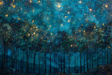 Twilight Frolic: Fireflies Dancing on a Canvas of Forest Green and Twilight Blue
