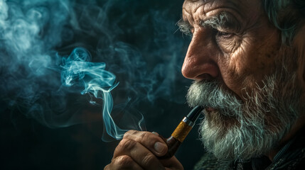 Elderly man pensively smoking pipe in moody lighting