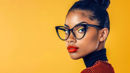 Stylish woman with glasses on yellow background