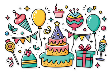 Happy birthday doodle set. Party decoration, gift box, cake, party hats. Perfect for printing, greeting cards, gifts, and scrapbooking. Hand drawn vector illustration isolated on a white background