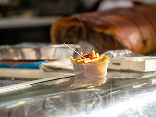 Photo of street food, french fries with ketchup