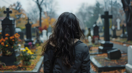 Rear view ai generated picture of sad lonely person visiting relatives standing at cemetery alone - Powered by Adobe