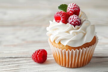 Tasty cupcake with butter cream and ripe raspberries on wooden table - obrazy, fototapety, plakaty