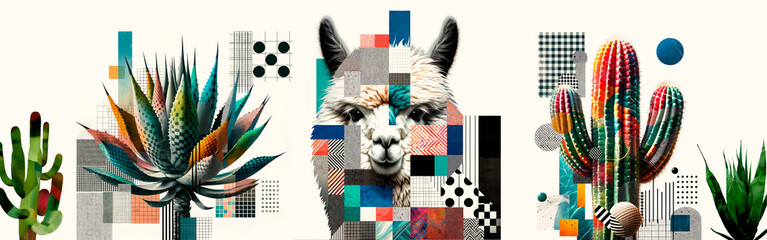 Alpaca Amidst Textured Tapestry: A Collage of Patterns - obrazy, fototapety, plakaty