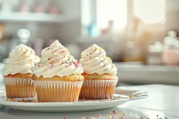 Tasty cupcakes with butter cream and sprinkles on blurred kitchen background - obrazy, fototapety, plakaty