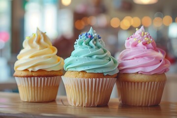 Tasty cupcakes with butter cream and sprinkles on blurred cafe background - obrazy, fototapety, plakaty