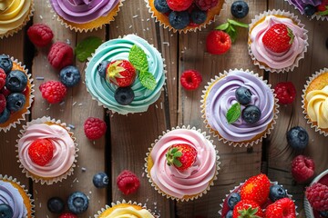 Flat lay of tasty cupcakes with butter cream and ripe berries on wooden table - obrazy, fototapety, plakaty