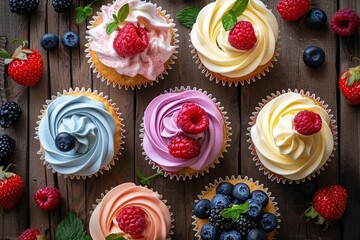 Flat lay of tasty cupcakes with butter cream and ripe berries on wooden table - obrazy, fototapety, plakaty