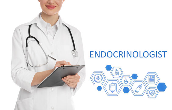 Endocrinologist with stethoscope and different icons on white background, closeup