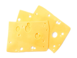 Slices of tasty fresh cheese isolated on white, top view