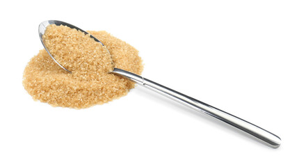 Pile of brown sugar and spoon isolated on white