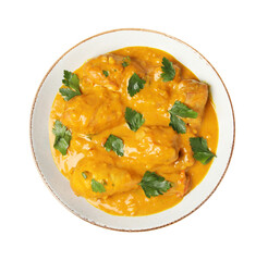 Tasty chicken curry with parsley isolated on white, top view