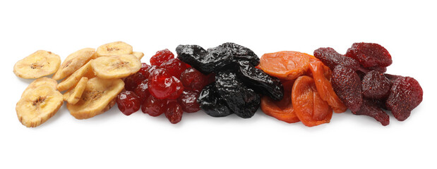 Mix of delicious dried fruits isolated on white