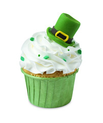 St. Patrick's day party. Tasty cupcake with green leprechaun hat topper and sprinkles isolated on...