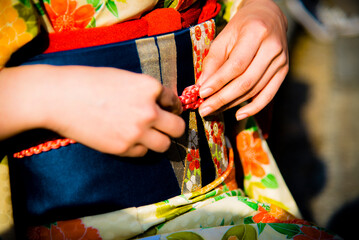 Kyoto, Japan - March 22 2016: Close-up of woman wearing in Kimono in Kyoto