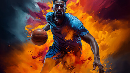 Dynamic basketball player illustration in action, colorful artistic background - 764305071