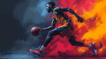 Dynamic basketball player in action, vibrant abstract artistic background, concept of energy and passion in sports. - 764305471