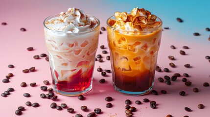 Iced coffee with whipped cream on a warm background, indulgent summer beverage