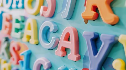 A close-up of pastel-colored magnetic letters on a whiteboard  AI generated illustration - obrazy, fototapety, plakaty
