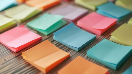 A close-up of pastel-colored sticky notes on a desk AI generated illustration