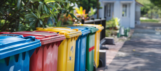 colorful recycling bin on the side of a street with copy space - obrazy, fototapety, plakaty
