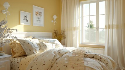 A cozy bedroom with pastel yellow walls and a whimsical pattern of sleepy kittens AI generated illustration
