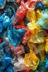 pile of colorful plastic garbage bags in a landfill