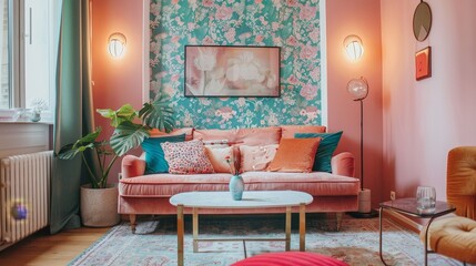 A cozy living room with pastel pink walls and a vibrant teal patterned wallpaper  AI generated illustration