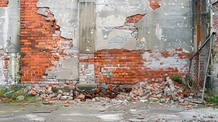 A crumbling brick wall with fragments scattered on the ground  AI generated illustration