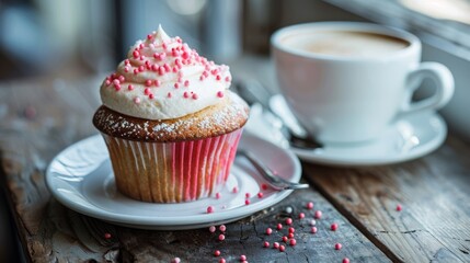 Freshly baked cupcake with creamy frosting and coffee on a rustic table