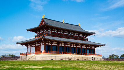 Nara, Japan - March 24 2016: Heijō-kyō remains and reconstruction
