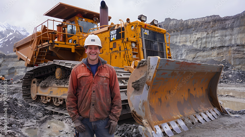 Poster a mining worker posing in front of large dozer