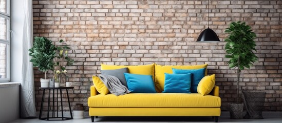 A seating arrangement in a room featuring a bright yellow sofa adorned with vibrant blue cushions