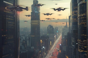 A formation of military jets soar through the sky above a bustling city, showcasing their strength and precision, High-tech drone traffic in a city of the future, AI Generated - obrazy, fototapety, plakaty