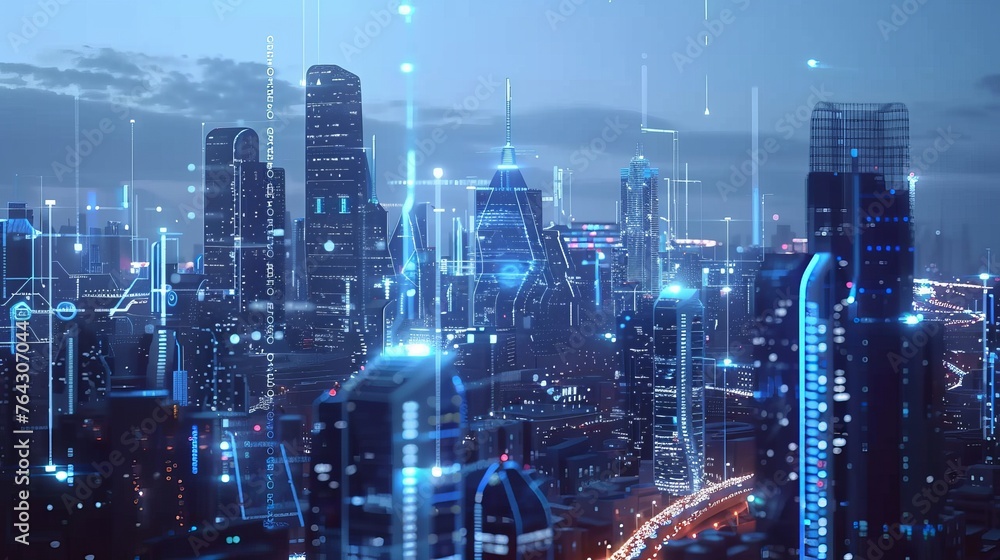 Poster a futuristic smart city skyline with interconnected iot devices optimizing urban infrastructure ai g