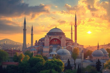 A Sunset View of the Blue Mosque in Turkey, Historic city of Istanbul with the majestic Hagia Sophia during golden hour, AI Generated - obrazy, fototapety, plakaty