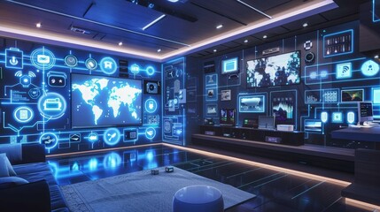 A futuristic smart home showroom showcasing IoT devices and home automation solutions AI generated illustration - obrazy, fototapety, plakaty