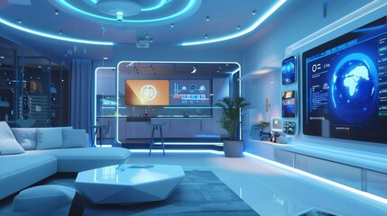 A futuristic smart home showroom showcasing IoT devices and home automation solutions  AI generated illustration - obrazy, fototapety, plakaty