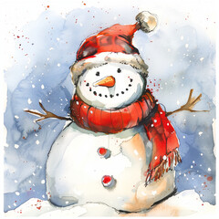 funny snowman in red knitted hat on the snow background - 764307096
