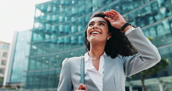 Woman, business and smile with city, building and vision for thinking or planning. Employee, ideas and company with work, sun and happiness with wonder or travel for corporate or commute to cape town