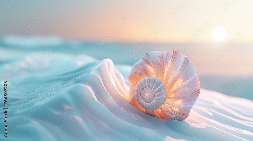 Poster a geometric representation of a seashell against a gradient ocean backdrop ai generated illustration