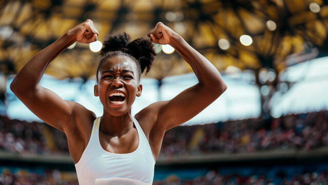 An afro woman athlete is standing in a stadium with her arms raised in the air