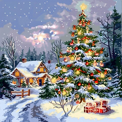 Postcard with a Christmas tree in front of a village house. Square format