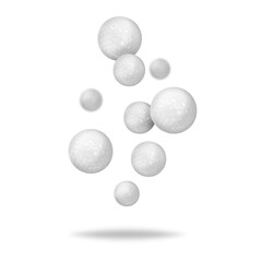 Many golf balls falling on white background