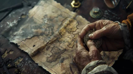 Tuinposter Close-up of the hands of an old pirate holding a treasure map. © Roxy jr.
